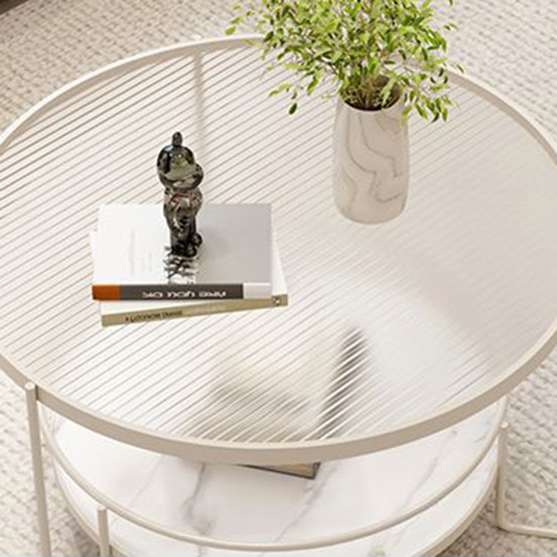 Modern Minimalist Glass Stone Slab Iron Cylindrical Coffee Table 2-Tier For Living Room