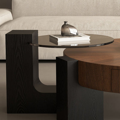 Contemporary Nordic Round Medium Density Fiberboard Glass Coffee Table 2-Tier For Living Room