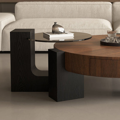 Contemporary Nordic Round Medium Density Fiberboard Glass Coffee Table 2-Tier For Living Room