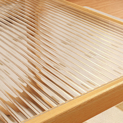 Traditional Japanese Rectangular Solid Wood Tempered Glass Rattan Coffee Table 1/2-Tier For Living Room