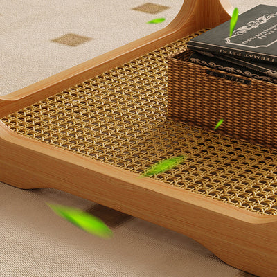 Traditional Japanese Rectangular Solid Wood Tempered Glass Rattan Coffee Table 1/2-Tier For Living Room