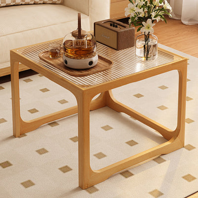 Traditional Japanese Rectangular Solid Wood Tempered Glass Rattan Coffee Table 1/2-Tier For Living Room