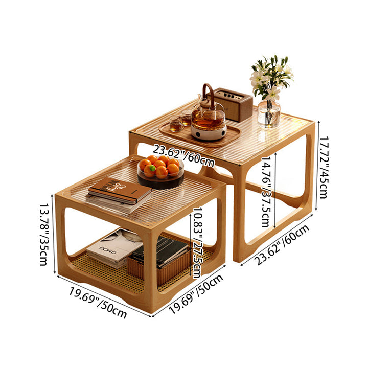 Mesa de Centro de Madera Maciza Rectangular Tradicional Japonesa con Vidrio Templado y Ratán de 1/2 Niveles para Sala de Estar 