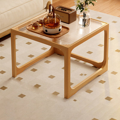 Traditional Japanese Rectangular Solid Wood Tempered Glass Rattan Coffee Table 1/2-Tier For Living Room