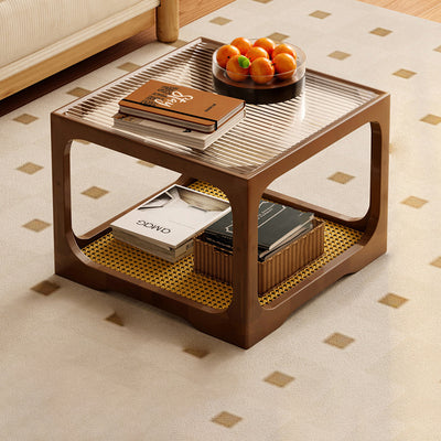 Traditional Japanese Rectangular Solid Wood Tempered Glass Rattan Coffee Table 1/2-Tier For Living Room