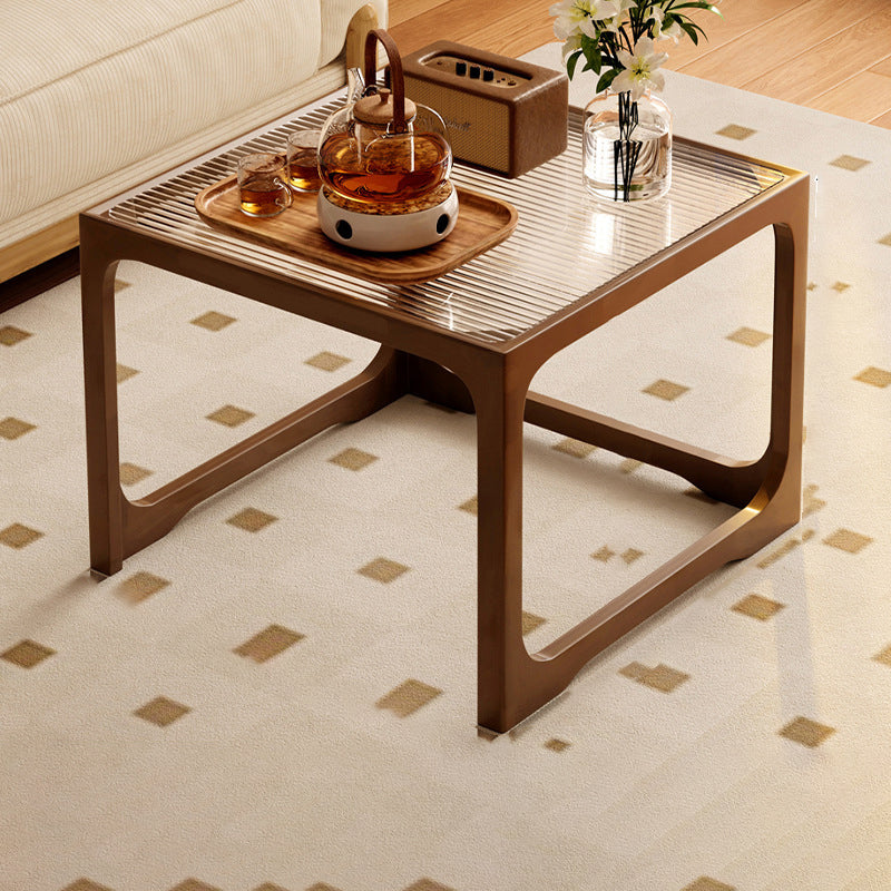 Traditional Japanese Rectangular Solid Wood Tempered Glass Rattan Coffee Table 1/2-Tier For Living Room