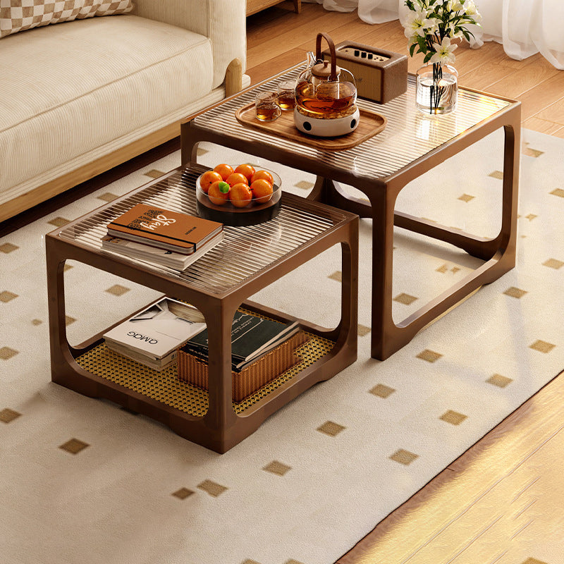 Traditional Japanese Rectangular Solid Wood Tempered Glass Rattan Coffee Table 1/2-Tier For Living Room