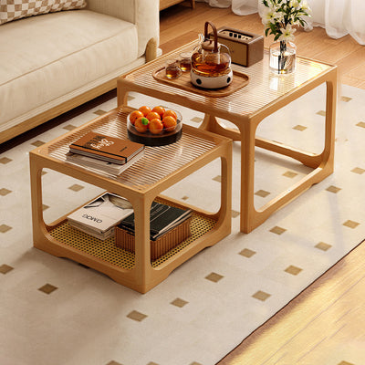 Traditional Japanese Rectangular Solid Wood Tempered Glass Rattan Coffee Table 1/2-Tier For Living Room