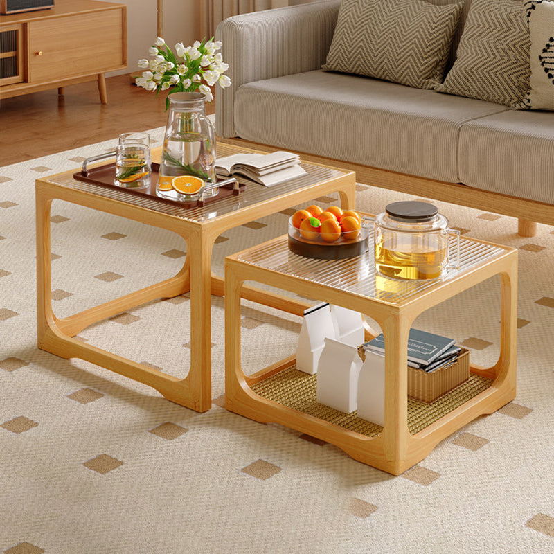 Traditional Japanese Rectangular Solid Wood Tempered Glass Rattan Coffee Table 1/2-Tier For Living Room