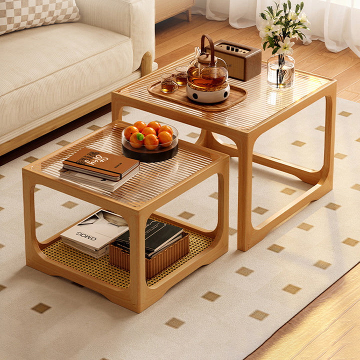 Mesa de Centro de Madera Maciza Rectangular Tradicional Japonesa con Vidrio Templado y Ratán de 1/2 Niveles para Sala de Estar 