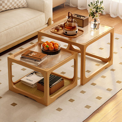 Traditional Japanese Rectangular Solid Wood Tempered Glass Rattan Coffee Table 1/2-Tier For Living Room