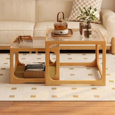 Traditional Japanese Rectangular Solid Wood Tempered Glass Rattan Coffee Table 1/2-Tier For Living Room