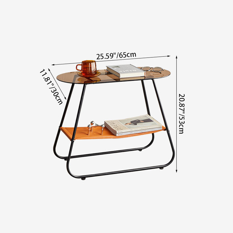 Modern Minimalist Trapezoidal Tempered Glass Artificial Leather Steel Side Table 2-Tier For Living Room