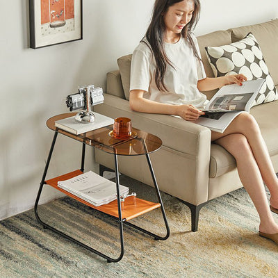 Modern Minimalist Trapezoidal Tempered Glass Artificial Leather Steel Side Table 2-Tier For Living Room