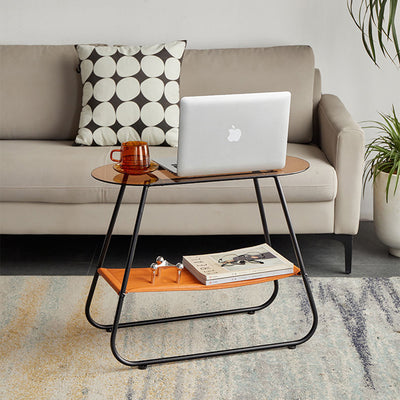 Modern Minimalist Trapezoidal Tempered Glass Artificial Leather Steel Side Table 2-Tier For Living Room