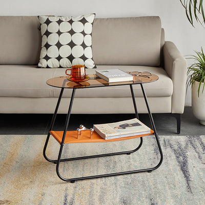 Modern Minimalist Trapezoidal Tempered Glass Artificial Leather Steel Side Table 2-Tier For Living Room