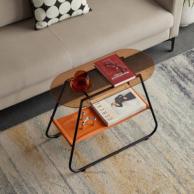 Modern Minimalist Trapezoidal Tempered Glass Artificial Leather Steel Side Table 2-Tier For Living Room