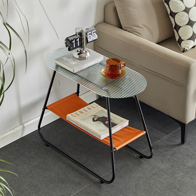 Modern Minimalist Trapezoidal Tempered Glass Artificial Leather Steel Side Table 2-Tier For Living Room