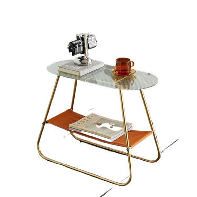 Modern Minimalist Trapezoidal Tempered Glass Artificial Leather Steel Side Table 2-Tier For Living Room
