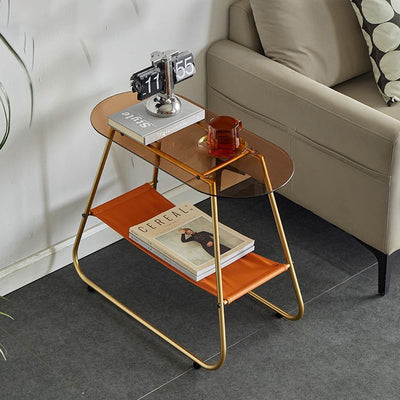 Modern Minimalist Trapezoidal Tempered Glass Artificial Leather Steel Side Table 2-Tier For Living Room