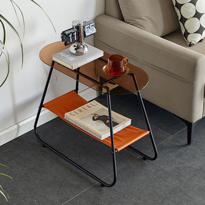 Modern Minimalist Trapezoidal Tempered Glass Artificial Leather Steel Side Table 2-Tier For Living Room