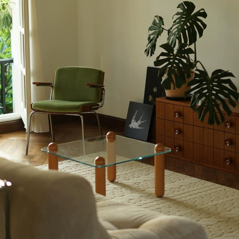 Moderner minimalistischer rechteckiger Couchtisch aus gehärtetem Glas und Massivholz mit 1 Ebene für das Wohnzimmer 