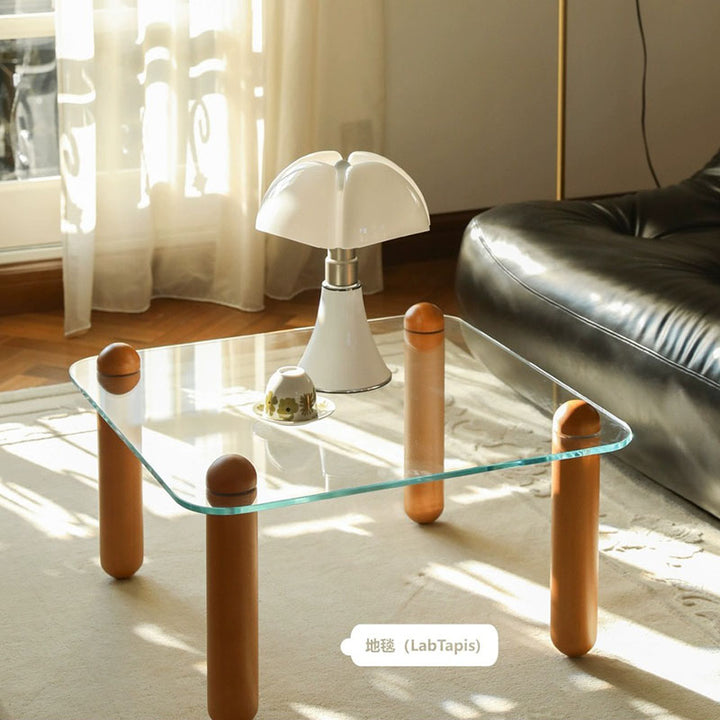 Moderner minimalistischer rechteckiger Couchtisch aus gehärtetem Glas und Massivholz mit 1 Ebene für das Wohnzimmer 