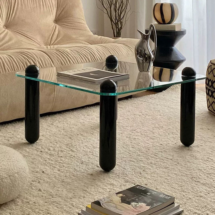Moderner minimalistischer rechteckiger Couchtisch aus gehärtetem Glas und Massivholz mit 1 Ebene für das Wohnzimmer 