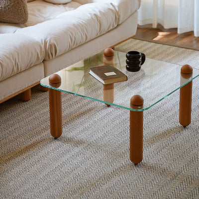 Modern Minimalist Rectangular Tempered Glass Solid Wood Coffee Table 1-Tier For Living Room