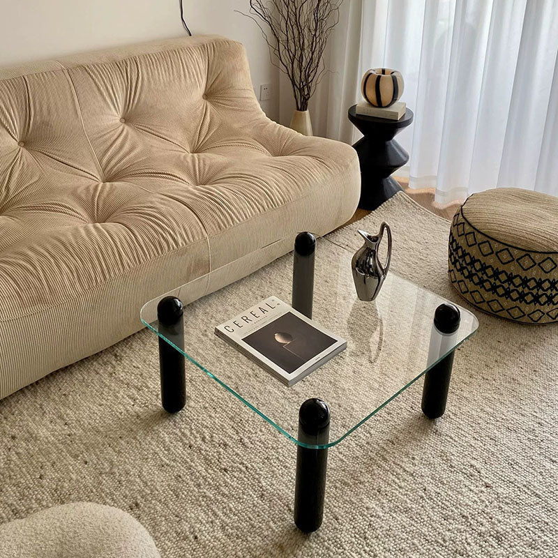 Moderner minimalistischer rechteckiger Couchtisch aus gehärtetem Glas und Massivholz mit 1 Ebene für das Wohnzimmer 
