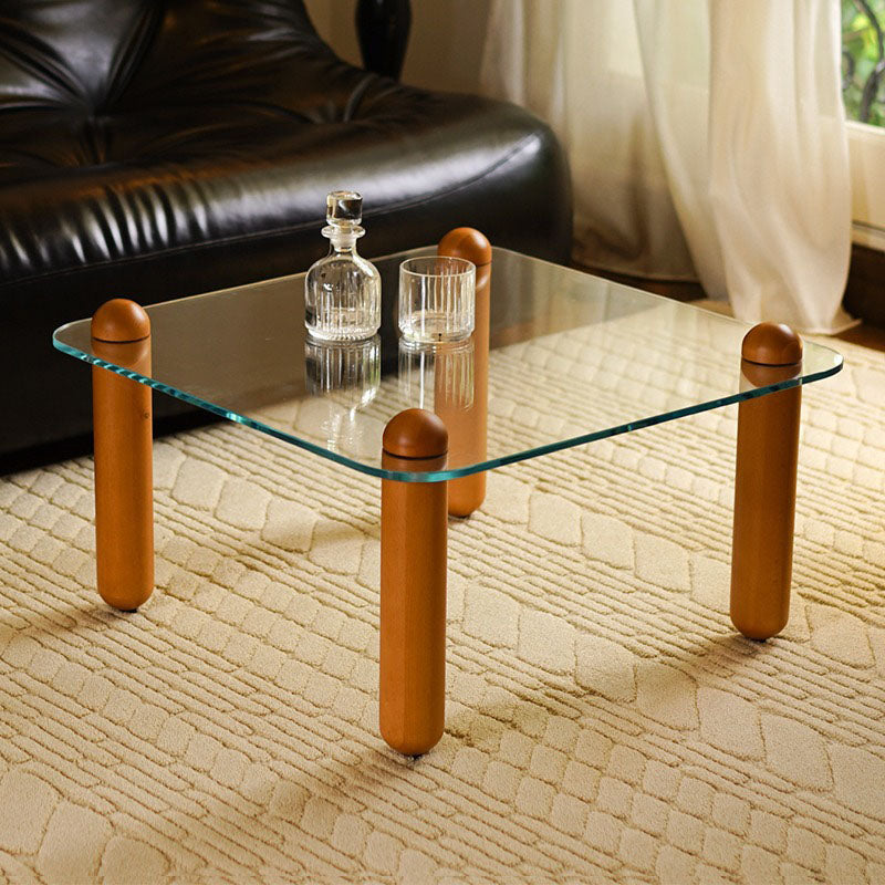 Modern Minimalist Rectangular Tempered Glass Solid Wood Coffee Table 1-Tier For Living Room