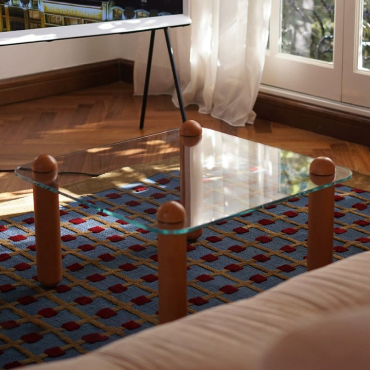 Moderner minimalistischer rechteckiger Couchtisch aus gehärtetem Glas und Massivholz mit 1 Ebene für das Wohnzimmer 