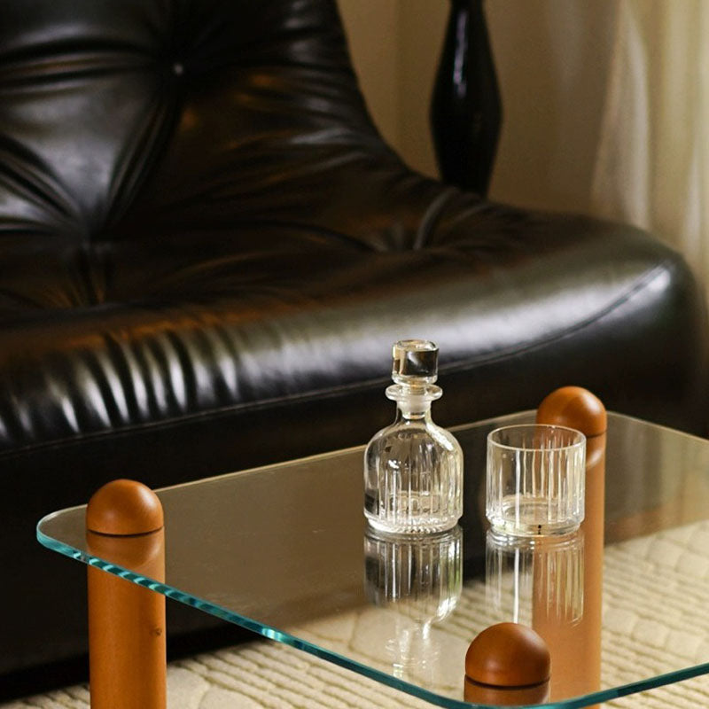 Moderner minimalistischer rechteckiger Couchtisch aus gehärtetem Glas und Massivholz mit 1 Ebene für das Wohnzimmer 