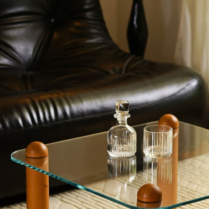Moderner minimalistischer rechteckiger Couchtisch aus gehärtetem Glas und Massivholz mit 1 Ebene für das Wohnzimmer 