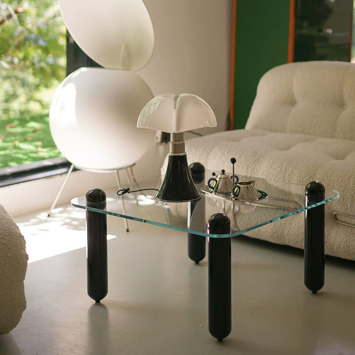 Moderner minimalistischer rechteckiger Couchtisch aus gehärtetem Glas und Massivholz mit 1 Ebene für das Wohnzimmer 