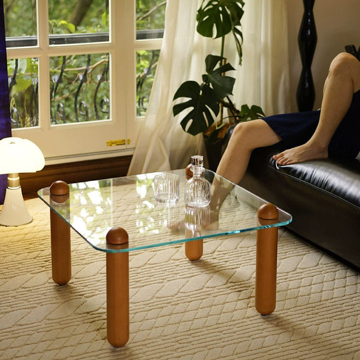 Moderner minimalistischer rechteckiger Couchtisch aus gehärtetem Glas und Massivholz mit 1 Ebene für das Wohnzimmer 