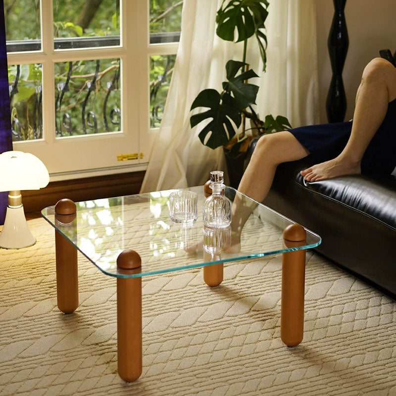 Modern Minimalist Rectangular Tempered Glass Solid Wood Coffee Table 1-Tier For Living Room