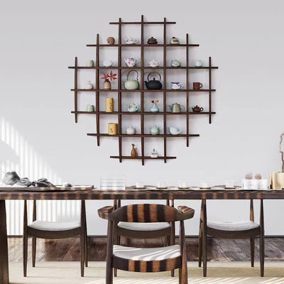 Traditional Chinese Curved Round Solid Wood Storage Shelf 7-Tier For Living Room