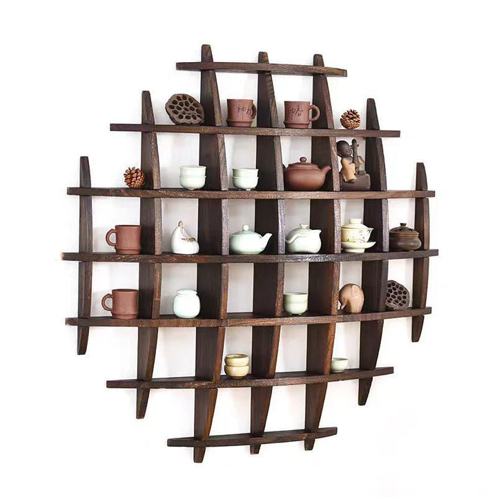 Traditional Chinese Curved Round Paulownia Wood Storage Shelf 5/7-Tier For Living Room