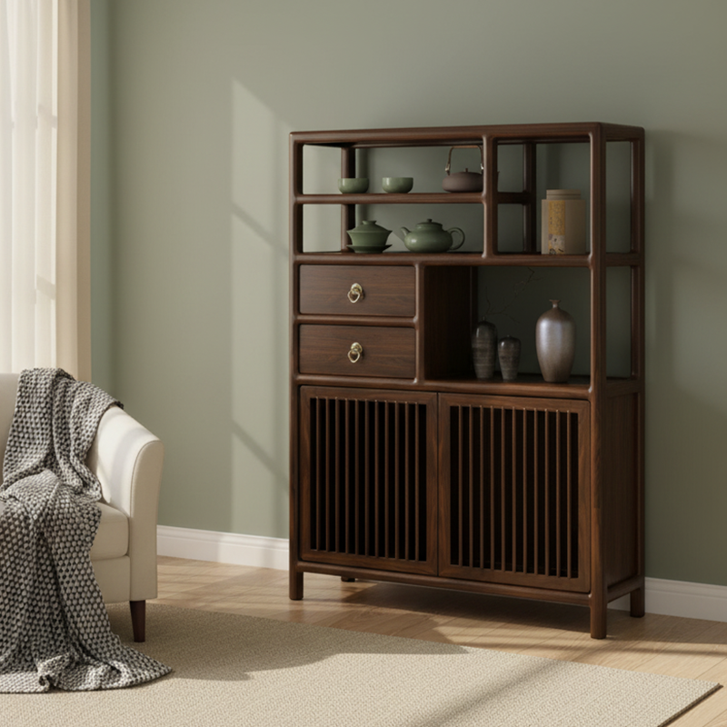 Traditional Chinese Rectangular Solid Wood Storage Cabinet 2-Drawer For Living Room