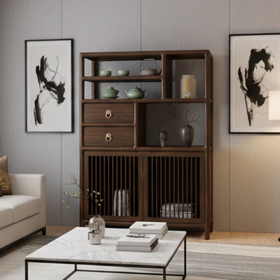 Traditional Chinese Rectangular Solid Wood Storage Cabinet 2-Drawer For Living Room