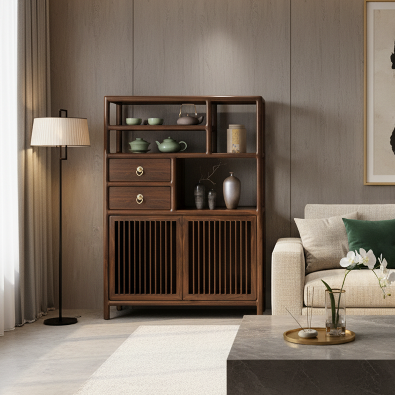 Traditional Chinese Rectangular Solid Wood Storage Cabinet 2-Drawer For Living Room