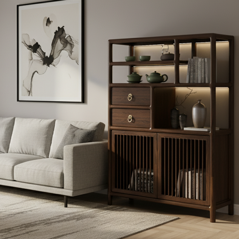 Traditional Chinese Rectangular Solid Wood Storage Cabinet 2-Drawer For Living Room