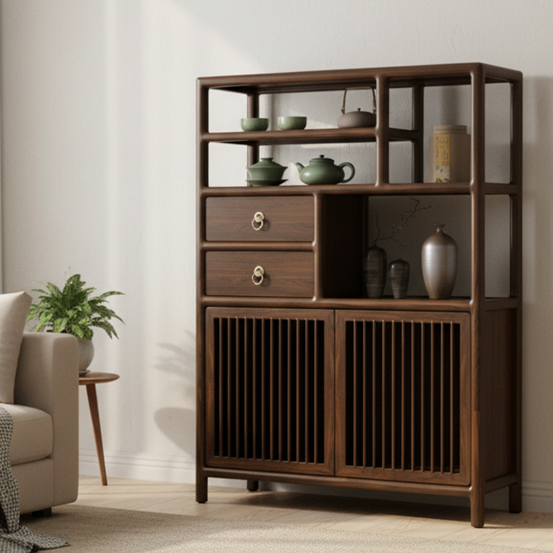 Traditional Chinese Rectangular Solid Wood Storage Cabinet 2-Drawer For Living Room