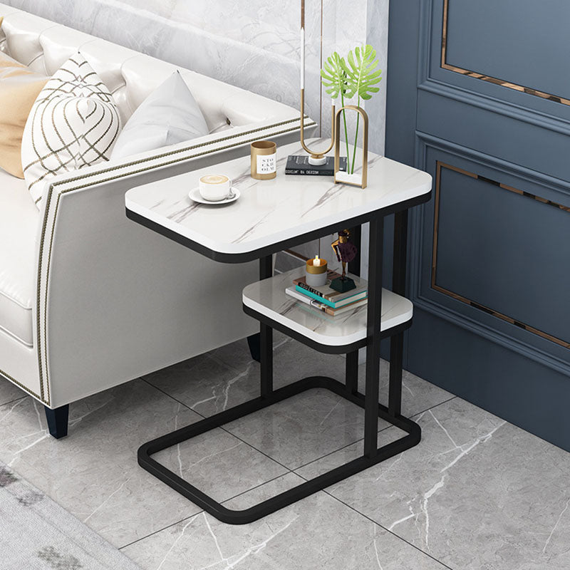 Mesa Auxiliar Rectangular Minimalista Moderna de MDF con Patrón de Mármol y Acero de 1/2 Nivel para Sala de Estar 