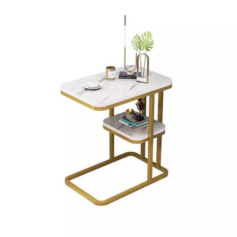 Mesa Auxiliar Rectangular Minimalista Moderna de MDF con Patrón de Mármol y Acero de 1/2 Nivel para Sala de Estar 