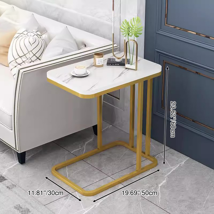 Mesa Auxiliar Rectangular Minimalista Moderna de MDF con Patrón de Mármol y Acero de 1/2 Nivel para Sala de Estar 