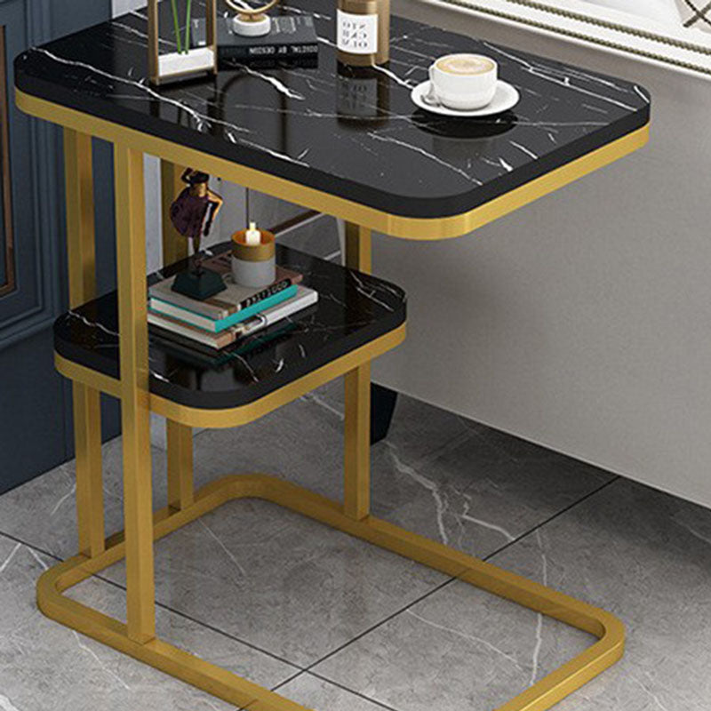 Mesa Auxiliar Rectangular Minimalista Moderna de MDF con Patrón de Mármol y Acero de 1/2 Nivel para Sala de Estar 