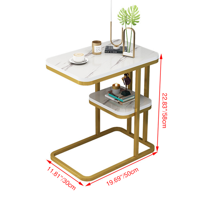 Mesa Auxiliar Rectangular Minimalista Moderna de MDF con Patrón de Mármol y Acero de 1/2 Nivel para Sala de Estar 