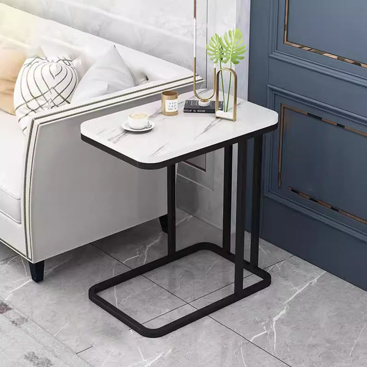 Mesa Auxiliar Rectangular Minimalista Moderna de MDF con Patrón de Mármol y Acero de 1/2 Nivel para Sala de Estar 